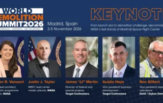 World Demolition Summit 2026 keynote graphic: From launch era to demolition challenge, decommissioning NASA test stands at Marshall Space Flight Center