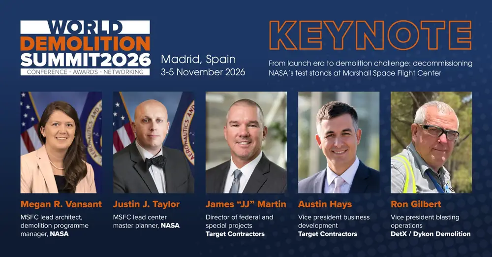 World Demolition Summit 2026 keynote graphic: From launch era to demolition challenge, decommissioning NASA test stands at Marshall Space Flight Center